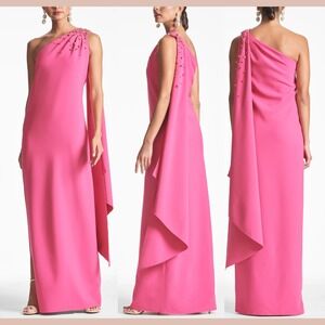 NWT SACHIN & BABI [ 0 ] Leslie Beaded‎ Drape One-Shoulder Crepe Gown Pink J1557